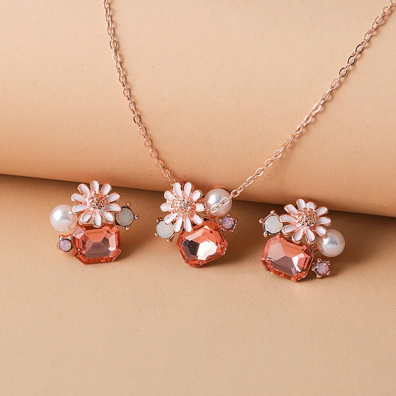 3-piece Set Luxury Crystal Rose Flower Earrings Necklace Sweet Zircon Pearl Banquet Wedding Jewelry Set for Women Accessories