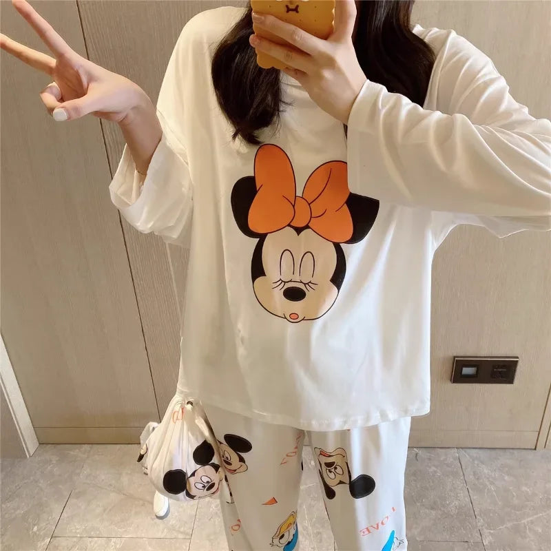 New Disney Mickey Mouse pajamas, pure cotton long-sleeved trousers casual two-piece Winnie the Pooh loungewear women's pajamas