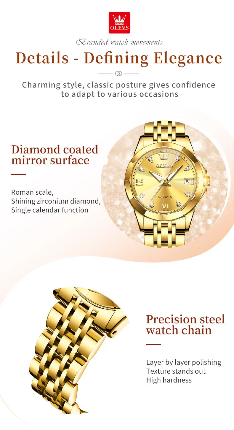 OLEVS Women's Watches Gold Stainless Steel Fully Automatic Mechanical Wristwatch Luxury Waterproof Diamond Ladies Watch NO.9982