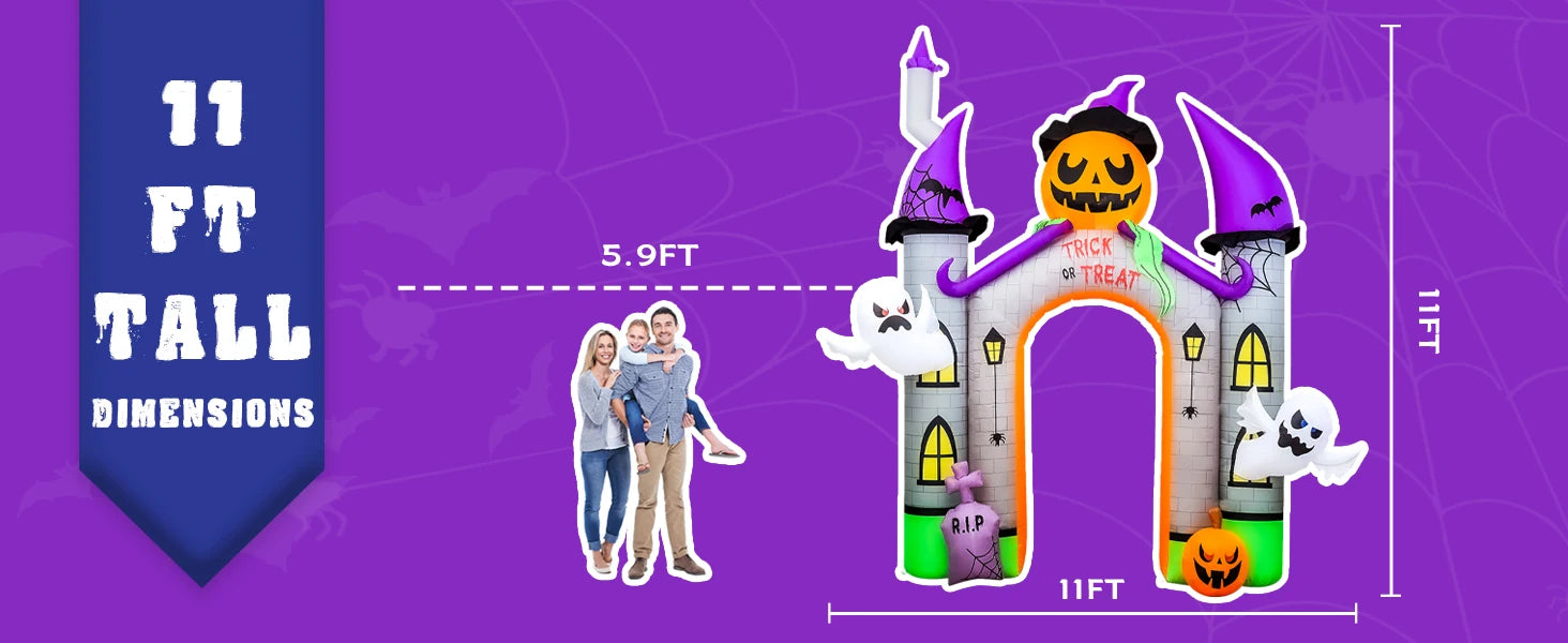 11FT Giant Halloween Inflatables Pumpkin Castle Archway with Ghost and Trick or Treat LED Lights 2024 Outdoor Blow up Haunted Ho