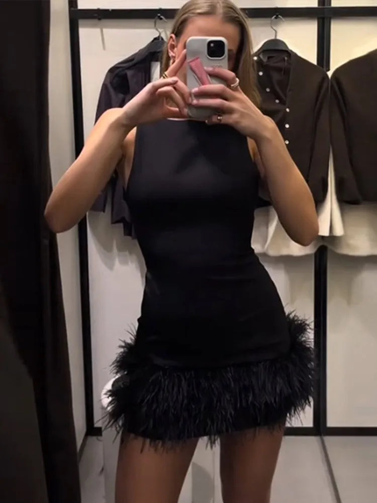 Sleeveless Feather Short Dress Black Women Socialite Party Evening Gown Round Neck Slim Fit Plush Ladies Fashion Slimming Dress