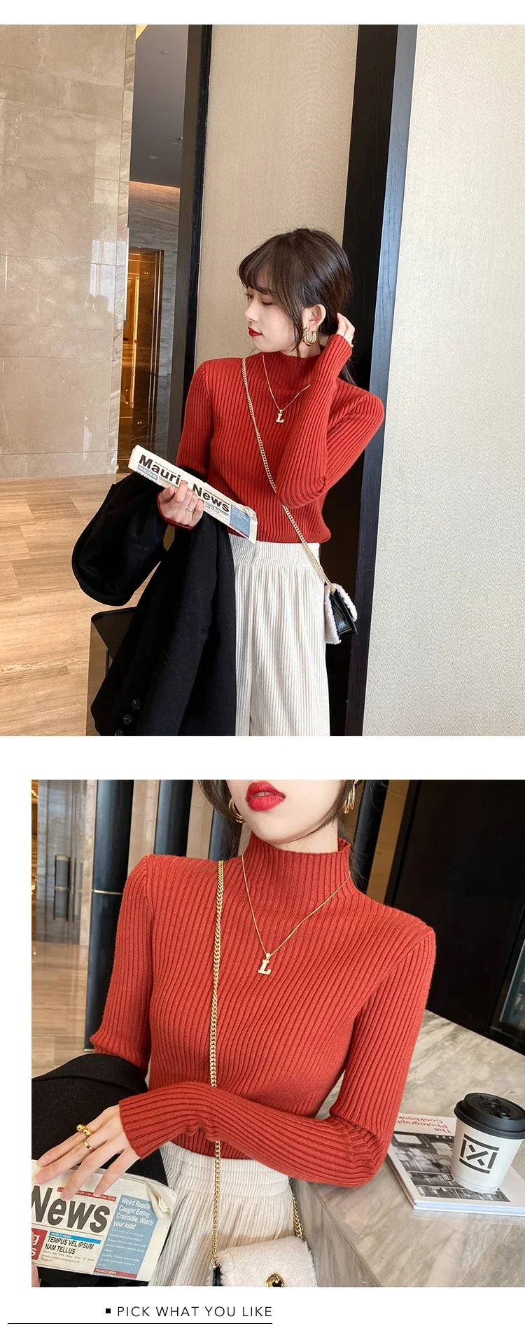 Autumn Winter Women Clasi Striped Solid Slim Y2k Turtleneck Sweater Pull Fashion Knitwears Pullovers Clothing Jumper Blouse