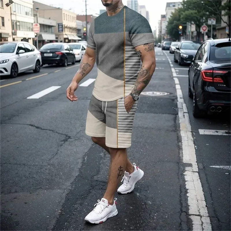 Fashion Men's Tracksuit 2 Piece Set Summer Stripe Sport Hawaiian Suit Short Sleeve T Shirt and Short Casual Fashion Man Clothing