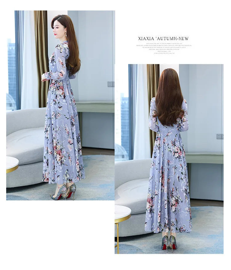 Spicy Mom Dress Chiffon Moms Korean Edition New Autumn and Winter Fragmented Flower Long Style New Long sleeved Medium Long UAFP