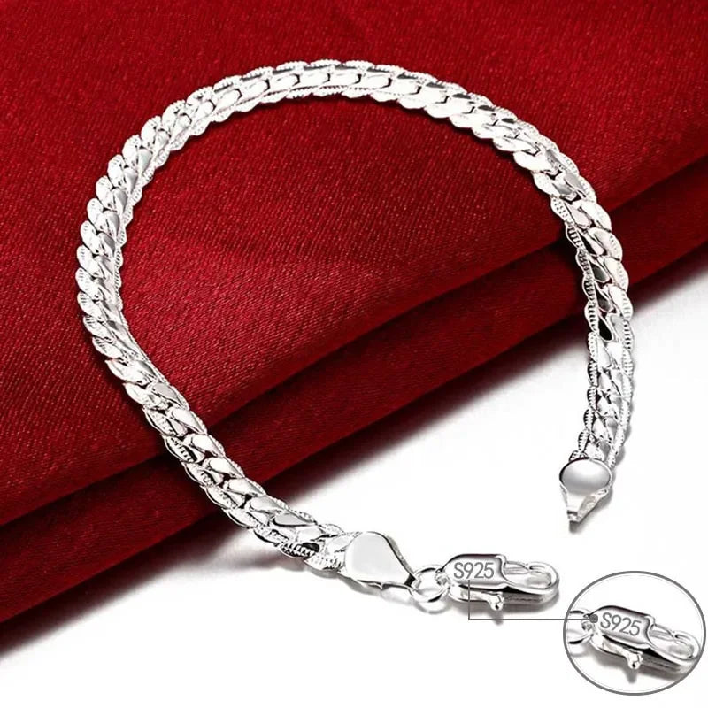 925 Sterling Silver Bracelet 6mm 18/20cm Flat Side Chain Lobster Clasp Bracelet for Woman Man Wedding Engagement Jewelry