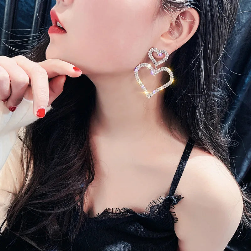 Luxury Big Double Love Heart Rhinestone Drop Earrings for Women Girls Crystal Korean Statement Wedding Party Ear Jewelry Gifts