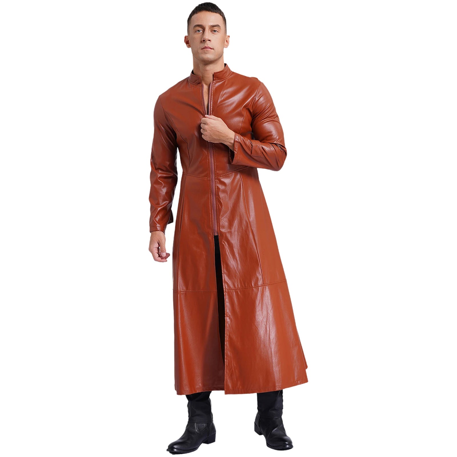 Mens Steampunk Faux Leather Trench Coat Stand Collar Zipper Long Sleeve Outerwear Windproof Jackets Overcoat Gothic Clothes 2024