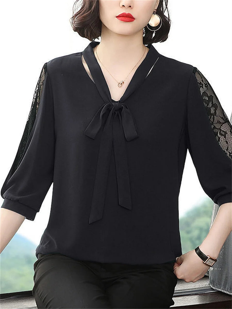 Women Spring Summer Style Blouses Tops Lady Casual Bow Tie Colloar Half Lace Sleeve Loose Blusas Tops DF4275