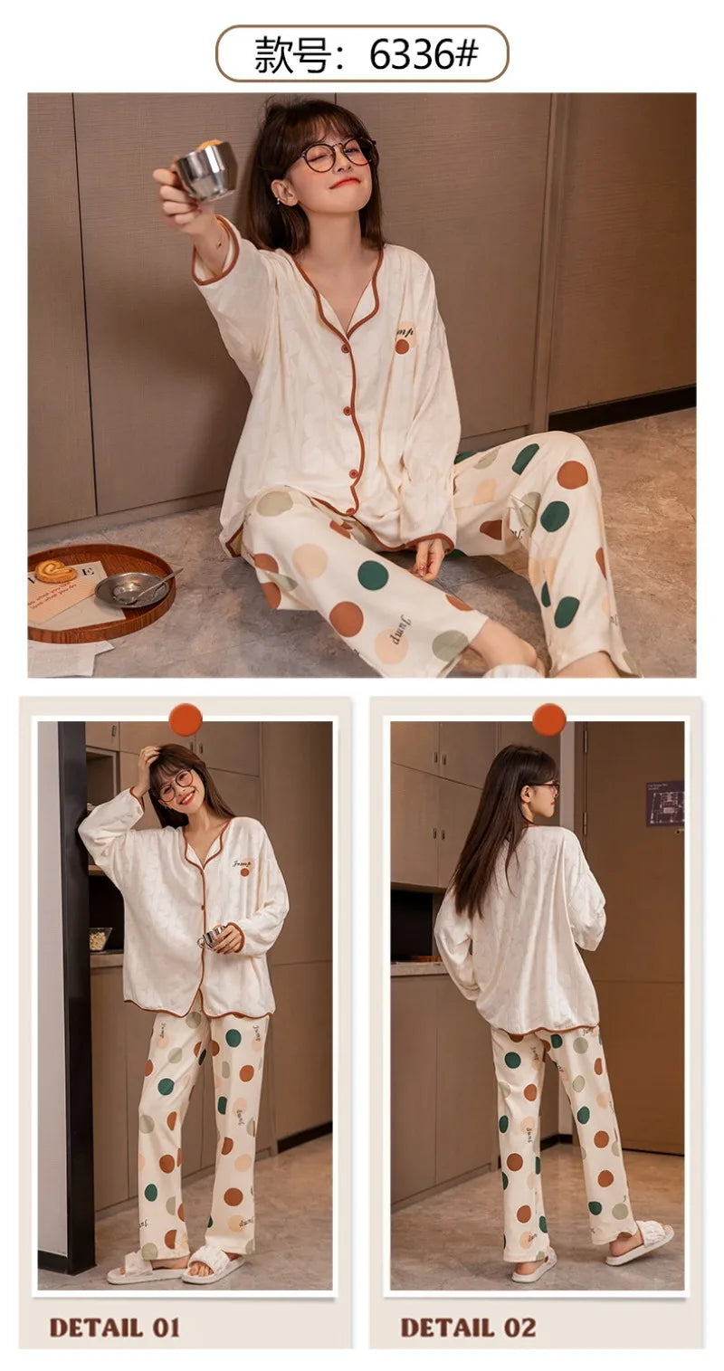 Women's Sweet Ruffle Pajamas Set Long Sleeve Top And Long Pants Sleepwear 2 Piece Set For Women Korean Casual Home Loose Pajamas