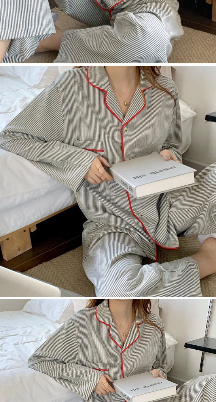 Korean Fashion Striped Leisure Wear Pajama 2 Piece Set Women Nightgown Cosplay Sexy Pajama 2024 New Autumn Winter Pajama Sets