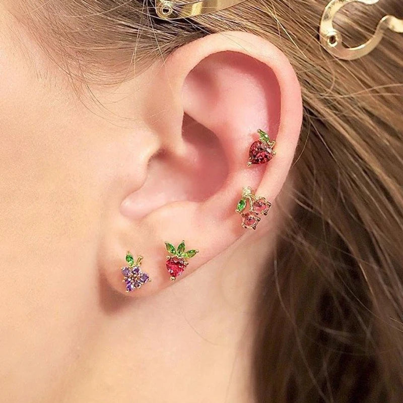 Korean 925 Silver Needles Cz Crystal Fruit Stud Earrings For Women Girl Cute Cherry Ear Studs Helix Cartilage Piercing Jewelry