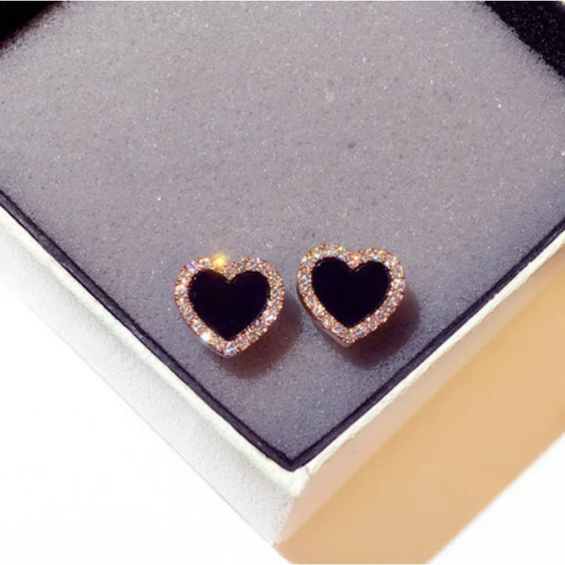 Korean Style Zircon Black Resin Heart Ear Studs for Women Elegant Luxury Geometric Earrings 2024 Fashion Trends Jewelry Gifts