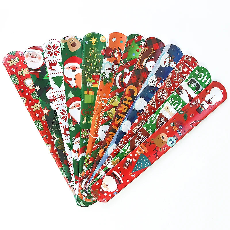 12Pcs Christmas Slap Bracelets Santa Claus Snowman Xmas Tree PVC Wristband Kids New Year Party Gifts For Guests 2025 Navidad