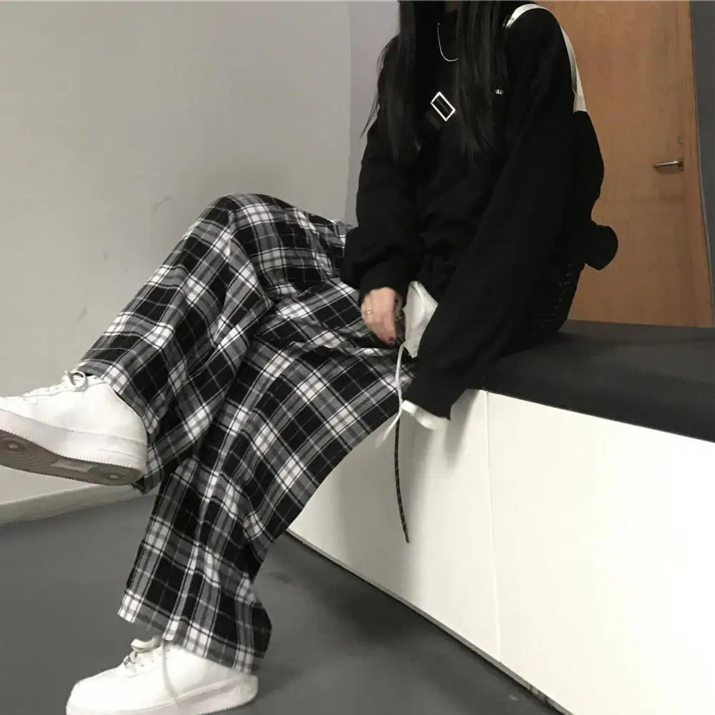 Plaid Print Pants Plaid Print Wide Leg Sweatpants for Women High Elastic Waist Streetwear Trousers with Loose Fit Sport Style