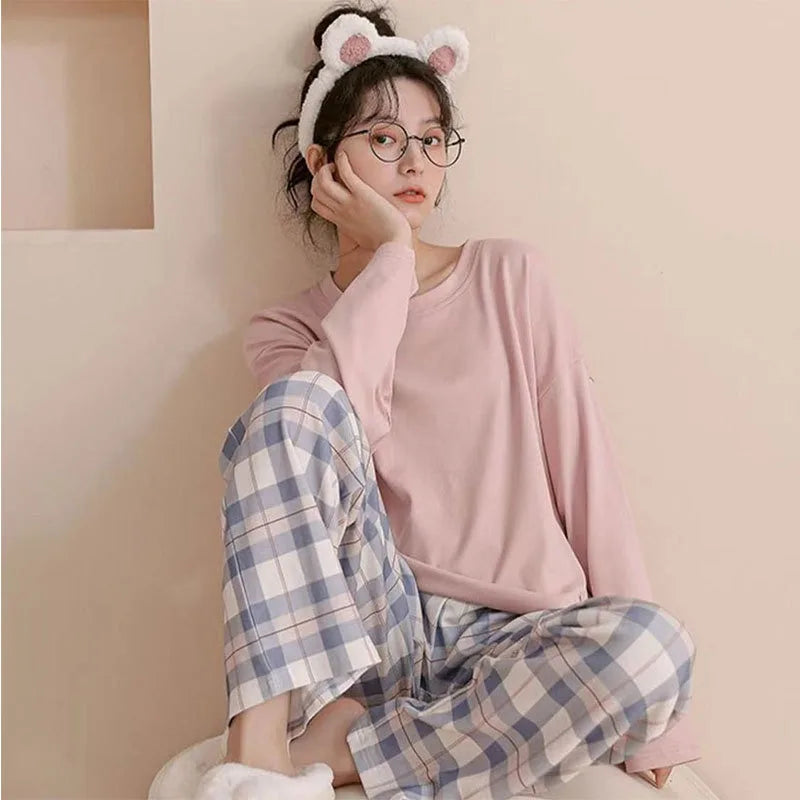 Women Sleepwear Korean Version Round Neck Top Long Trousers Homewear Two-Piece Set Striped Plaid Ladies Nightwear Loungewear