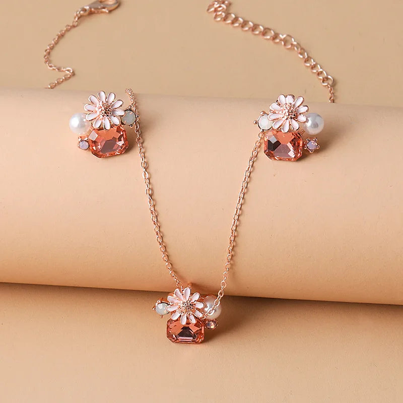 3-piece Set Luxury Crystal Rose Flower Earrings Necklace Sweet Zircon Pearl Banquet Wedding Jewelry Set for Women Accessories