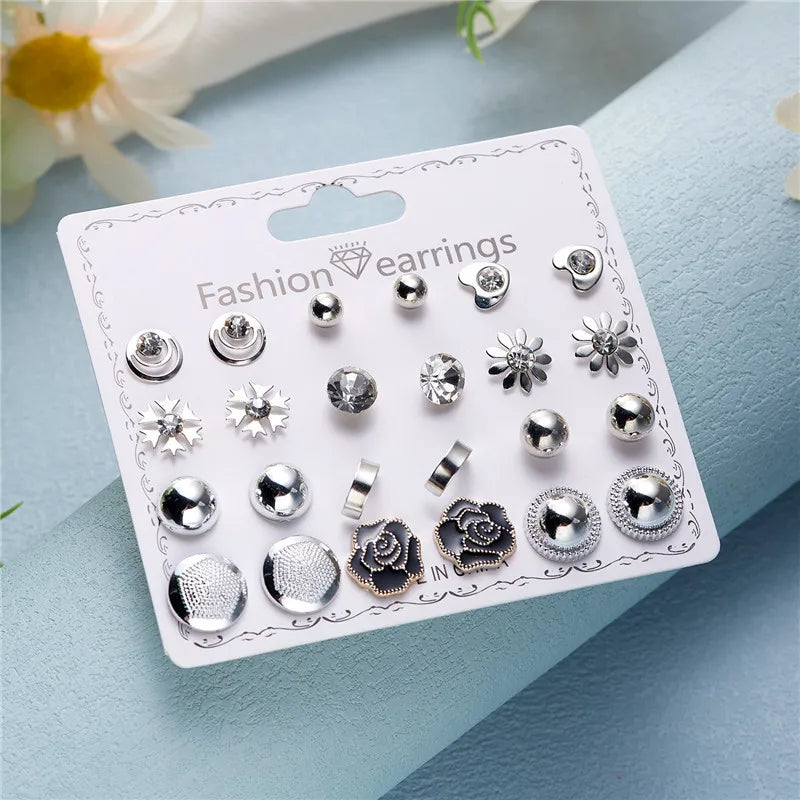 12 Pairs/Set Imitation Pearl Sun Star Flower Bow Heart Zircon Combination Paper Card Stud Earrings Set Fashion Geometric Earring