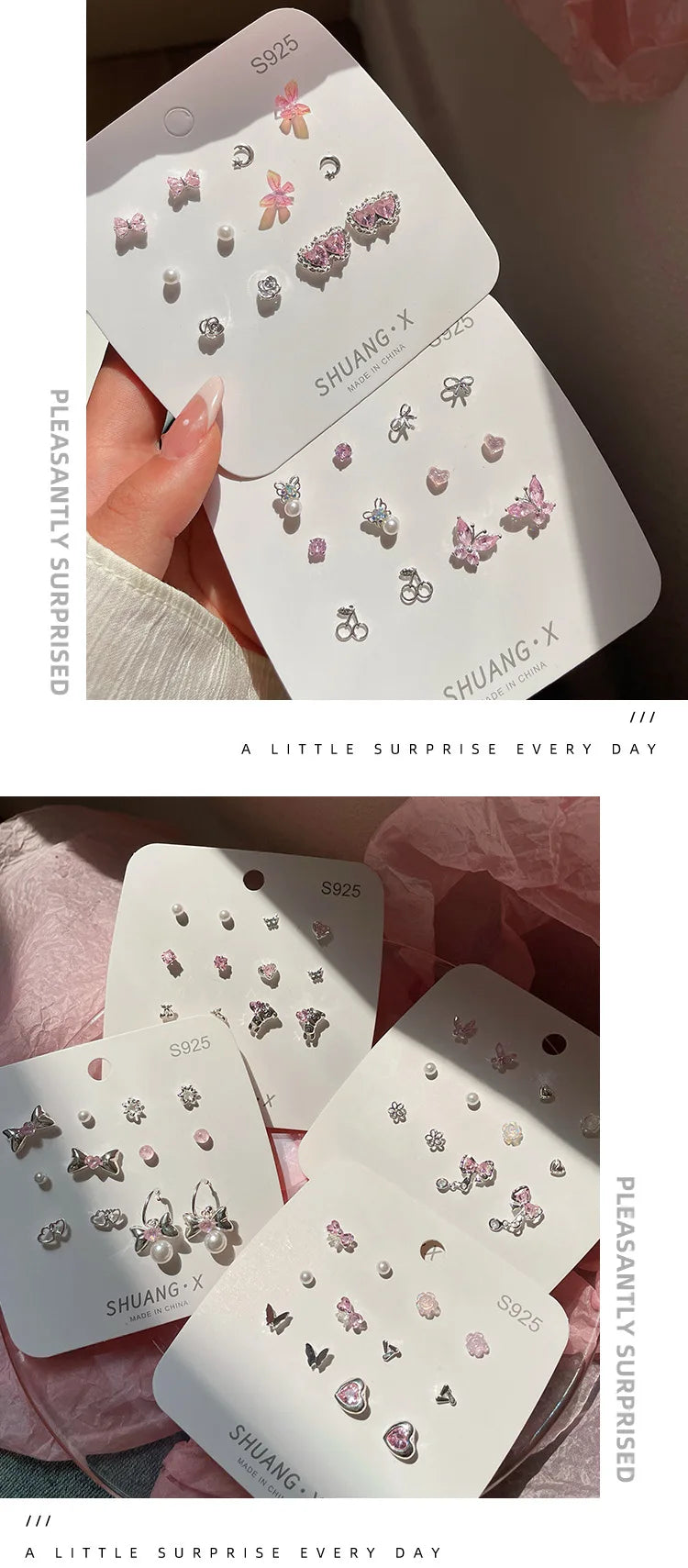 Summer New Shiny Pink Flower Cherry Butterfly Star Pearl Stud Earrings Set for Women Girls One Week Korean Fashion Jewelry Gift