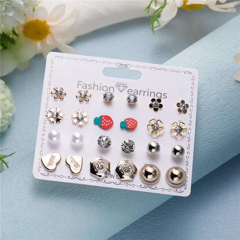 12 Pairs/Set Imitation Pearl Sun Star Flower Bow Heart Zircon Combination Paper Card Stud Earrings Set Fashion Geometric Earring