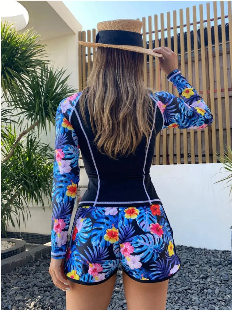 2024 New Tankini Women Swimsuit Tropical Print Bikini Set Long Sleeve Swimwear Summer Shorts Beachwear Female Bathing Suit