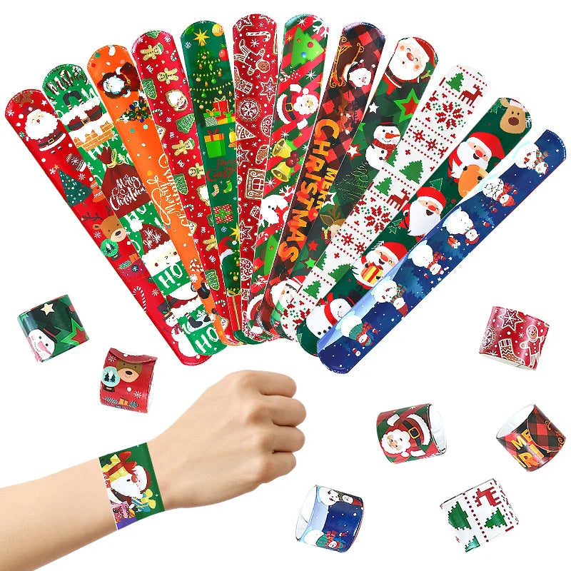 12Pcs Christmas Slap Bracelets Santa Claus Snowman Xmas Tree PVC Wristband Kids New Year Party Gifts For Guests 2025 Navidad