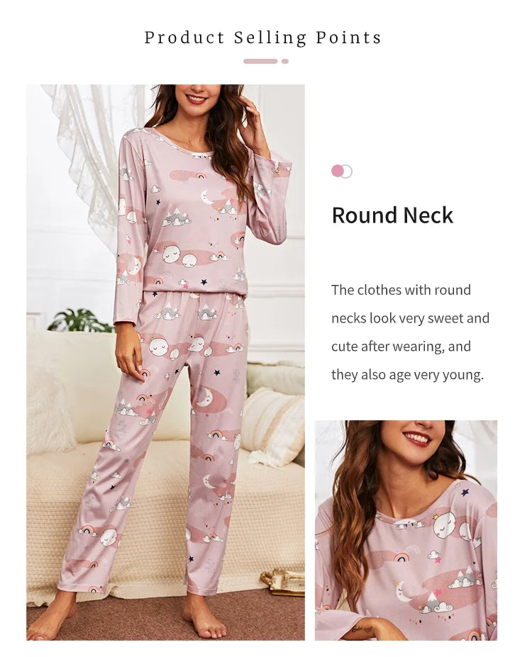 Autumn women's printed pure cotton sleepwear set with round neck long sleeved pants casual  comfortable two piece home suit set