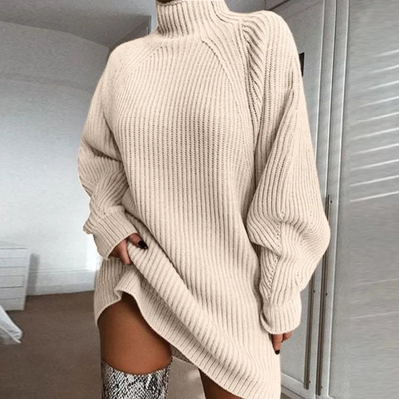 2024 Autumn/Winter New Knitted Sweater Fashionable and Sexy Medium to Long Sleeve Half High Collar Sweater Dress