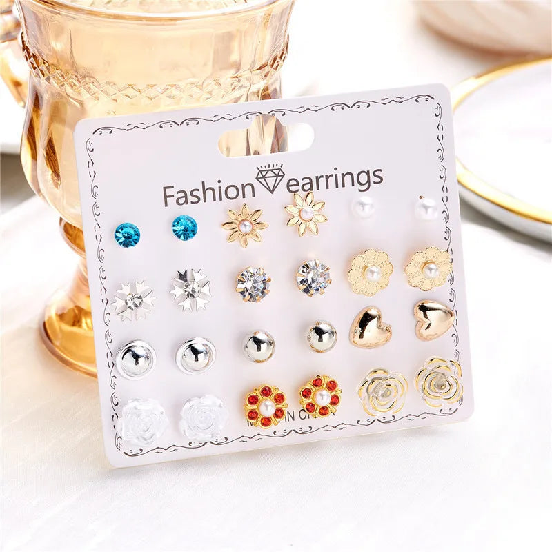 12 Pairs/Set Imitation Pearl Sun Star Flower Bow Heart Zircon Combination Paper Card Stud Earrings Set Fashion Geometric Earring