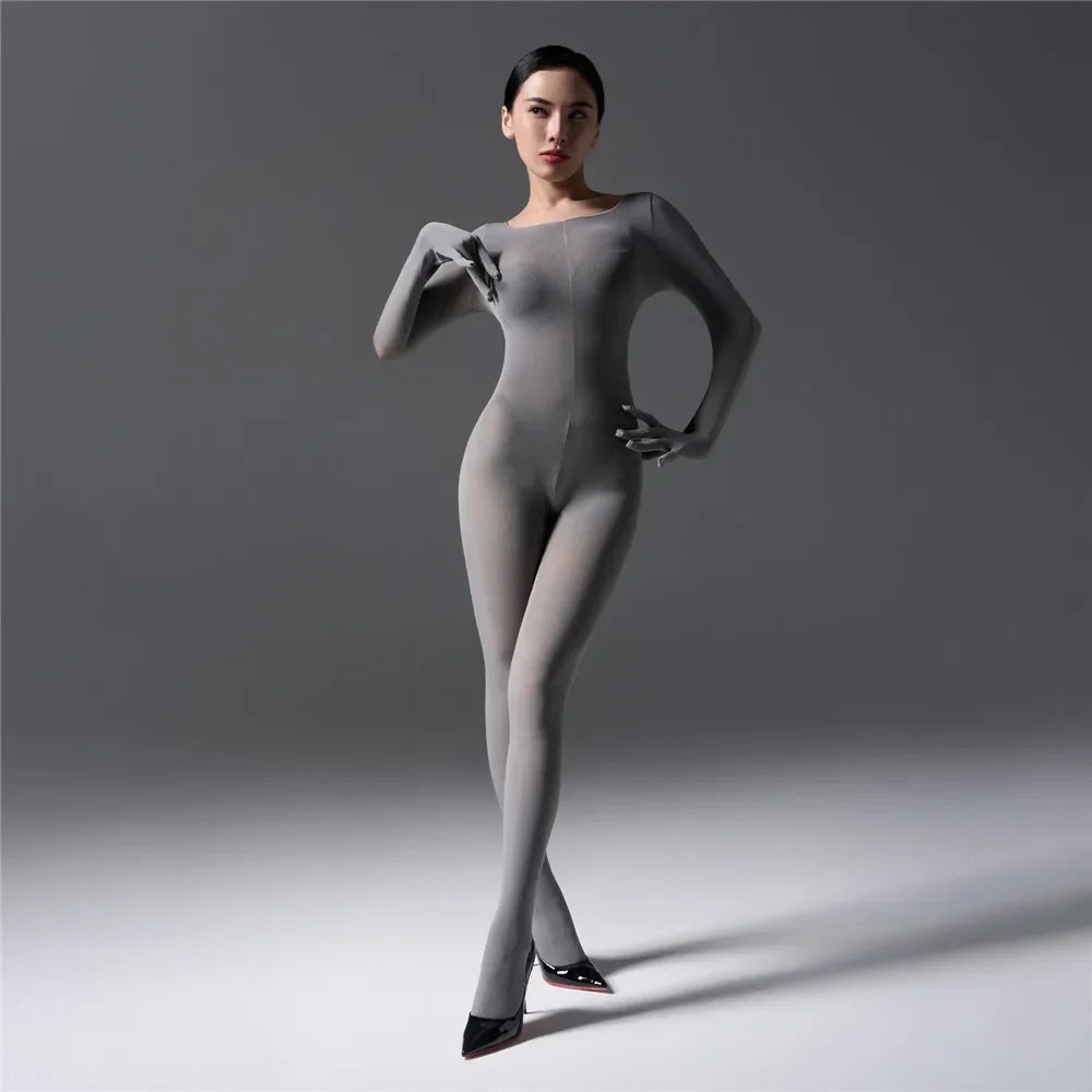 Women's Jumpsuit With Hooded High Elastic Unitard Oil  Shiny Glossy Sexy Bodysuit Five Finger Gloves Tights Skinny Shaper Wear