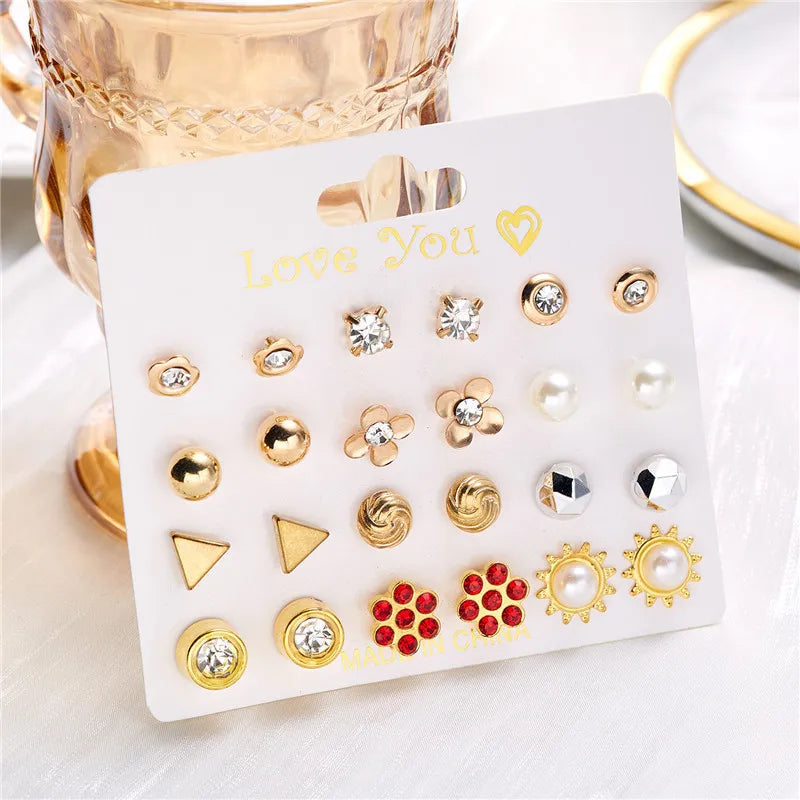 12 Pairs/Set Imitation Pearl Sun Star Flower Bow Heart Zircon Combination Paper Card Stud Earrings Set Fashion Geometric Earring