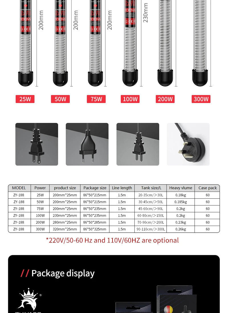 110v-220v Adjustable Temperature Thermostat Heater Rod 25W 50W 100W 200W 300W Submersible Aquarium Fish Tank Water Heat