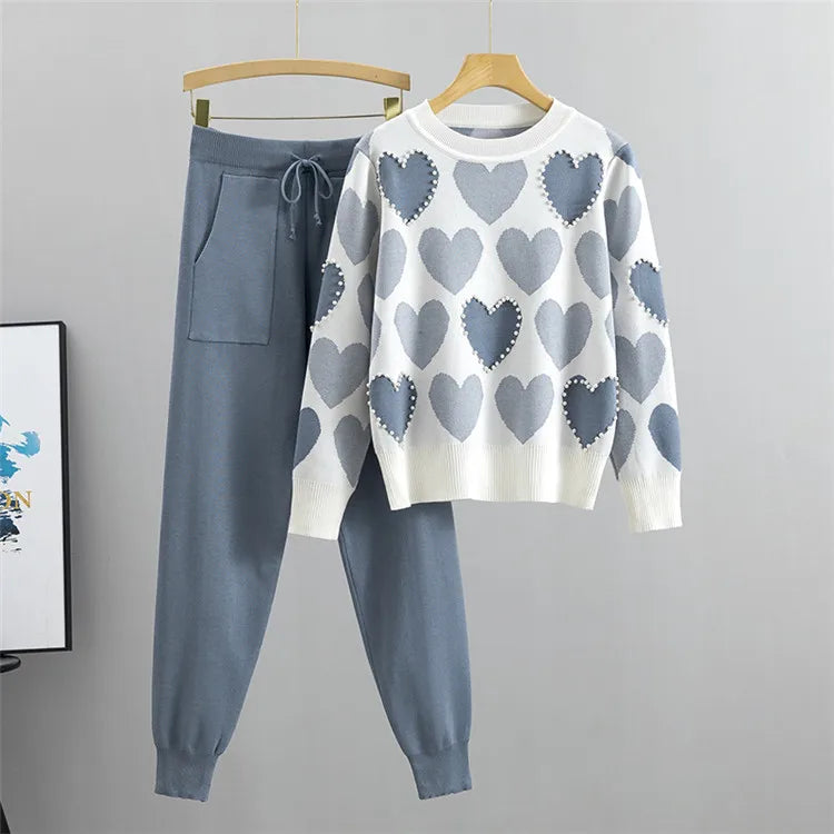 Chic Beading Knit Sweater 2 Piece Sets Women Outfits Korean Fashion O-neck Pullover & Harem Pants Sport Tracksuits Suit