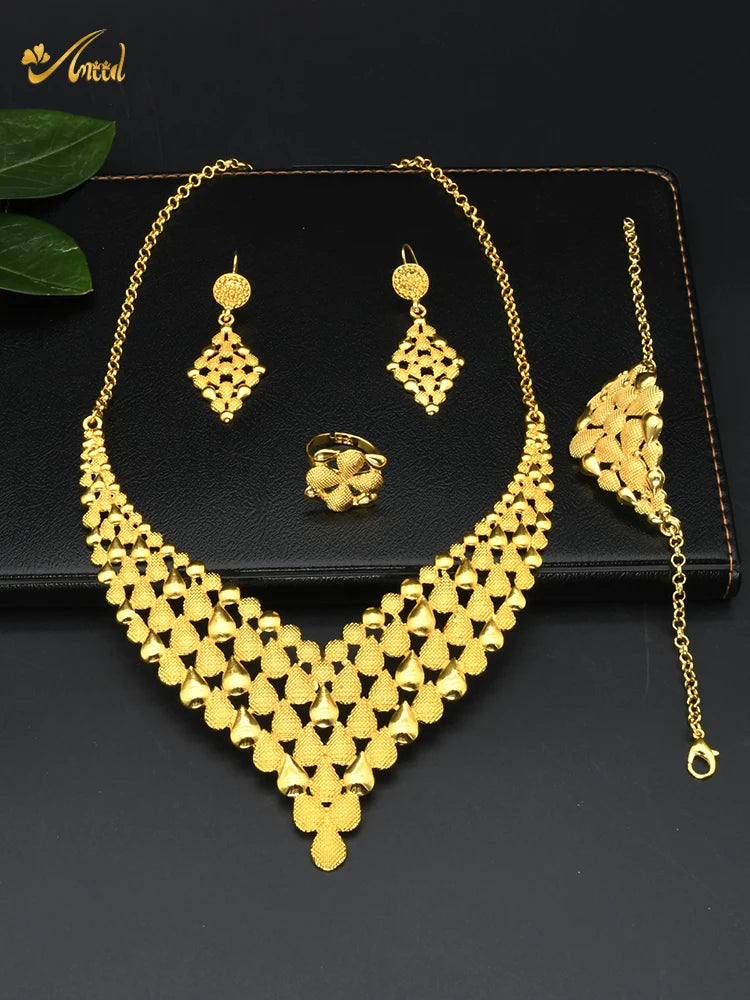 France Luxury 24k Gold Color Jewelry Set For Women Dubai Bridal Wedding Necklace And Earrings Set African Choker Party Gifts