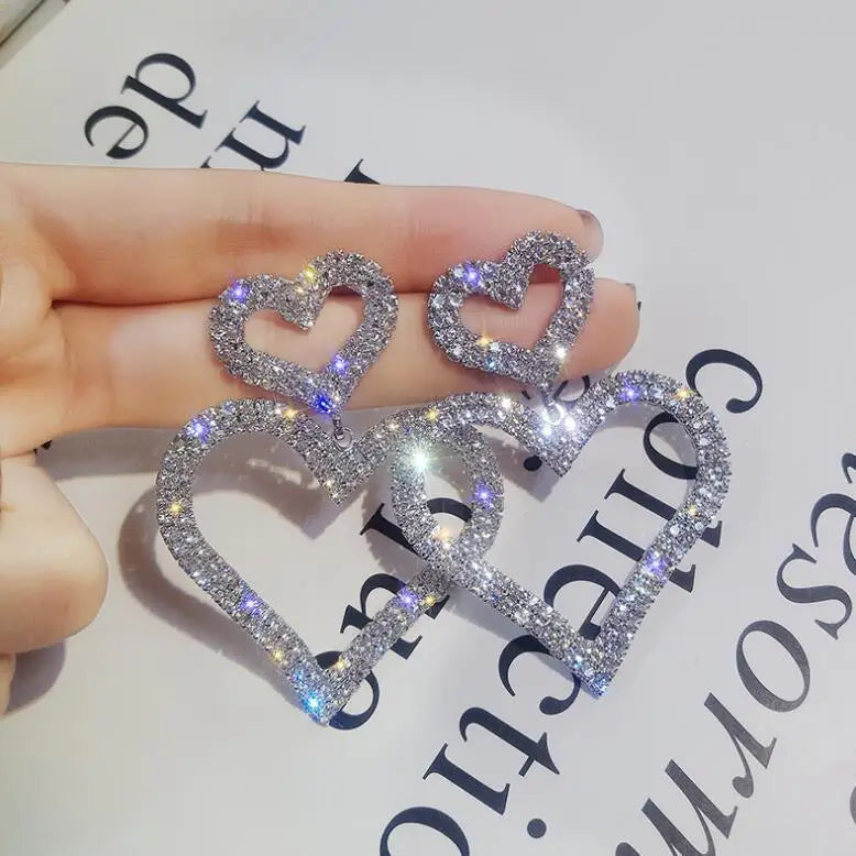 Luxury Big Double Love Heart Rhinestone Drop Earrings for Women Girls Crystal Korean Statement Wedding Party Ear Jewelry Gifts