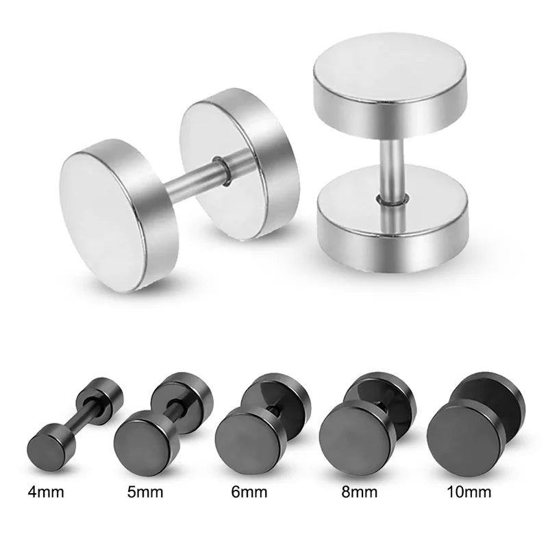 5pcs Man Women Barbell Punk Gothic Stainless Steel Ear Stud Earrings Black Dumbbell Screw Fake Cheater Ear Plug Piercing Jewelry