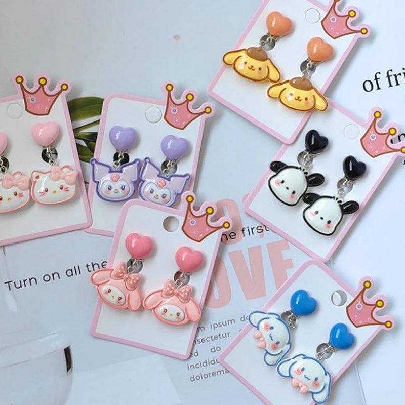 1Pair Sanrio Hello Kitty Cinnamoroll Melody Ear Clip Cartoon Cute Sweet Girl Creative Exquisite Pendant Earrings Jewelry Gift