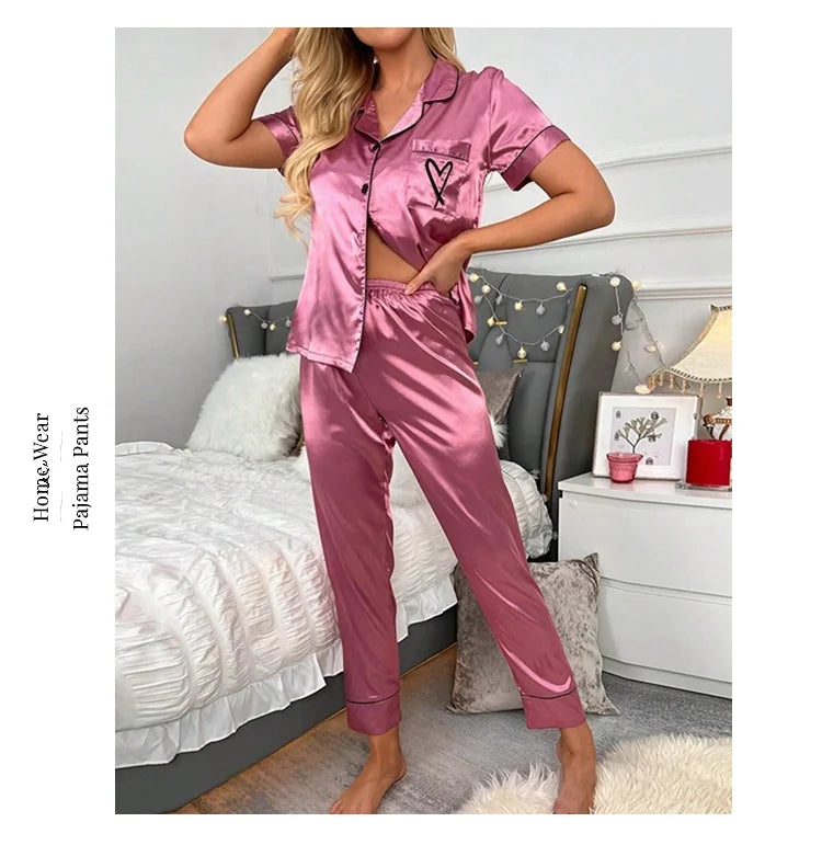 Women's Pajama Pocket Heart Embroidered Pajama Set Satin Comfortable Short Sleeve Button Pajama Lounge Pant For Women Sleepwear