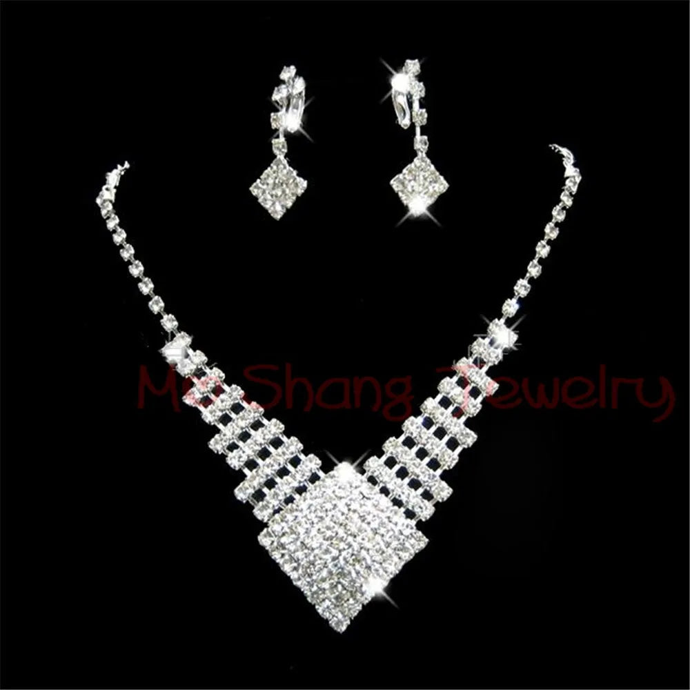 Rhinestone Crystal Silver Color Choker Necklace & Earrings for Women Rhinestone Statement Bridal Wedding Jewelry Sets Wholesale