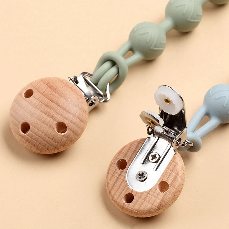 Beech Wood Chew Bead Pacifier Clips Dummy Chain Holder Newborn Soother Chains Nipple Holder For Babies Teething Toy Baby Chew