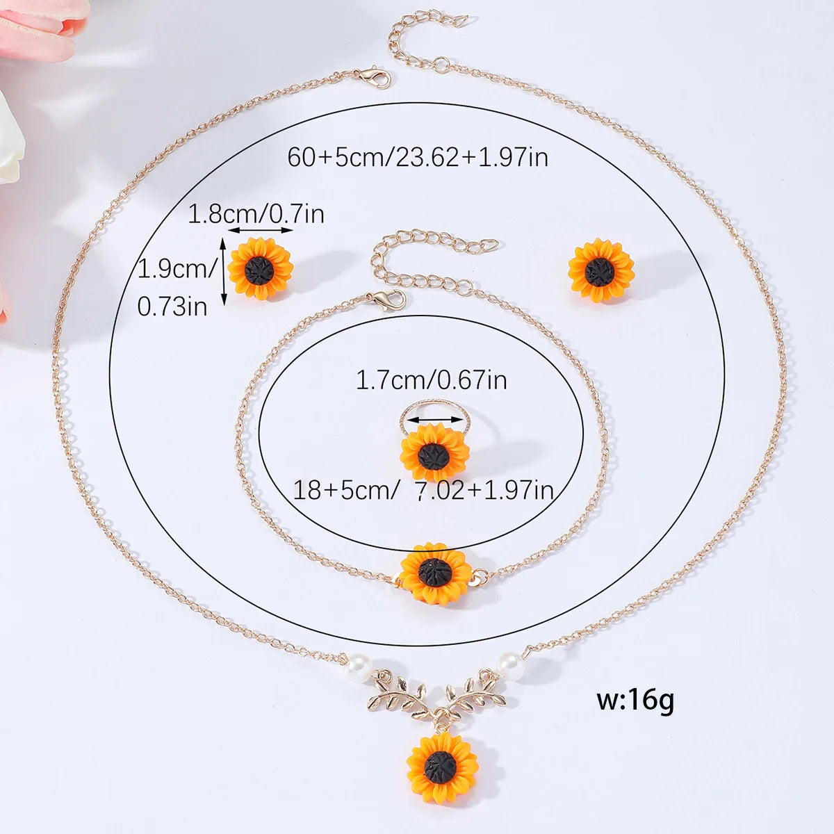 Cute Sweet Resin Flower Pendant Metal Leaves Chain Sunflower Necklace Bracelet Rings Earring Set Jewelry