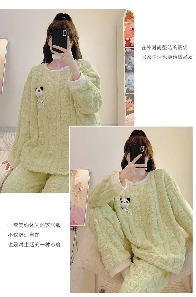 5XL Cartoon Coral Fleece Pajamas Women Plus Size Winter Thickened Student Loungewear Can Be Worn Outside Long Sleeve Sleepwear