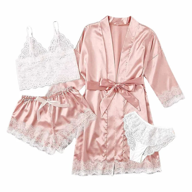 4Pcs/Set Women' Silk Satin Pajamas Set Lingerie Sexy Floral Lace Cami Spaghetti Strap Top and Satin Shorts with Robe Sleepwear