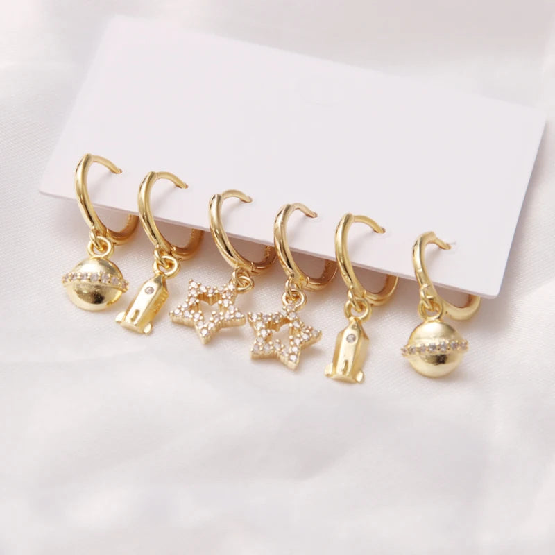 6 Pcs Fashion Exquisite Pearl Star Moon Enamel Zircon Dangle Ear Ring Set Korean Style Small Hoop Earring For Women Jewelry Gift