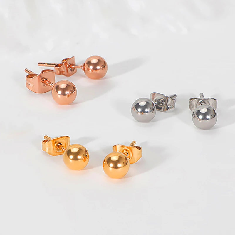 Stainless Steel Round Ball Earrings Rose Gold Silver Color Bead Ear Studs Women Geometric Jewelry Minimalist 3mm 4mm 5mm 6mm