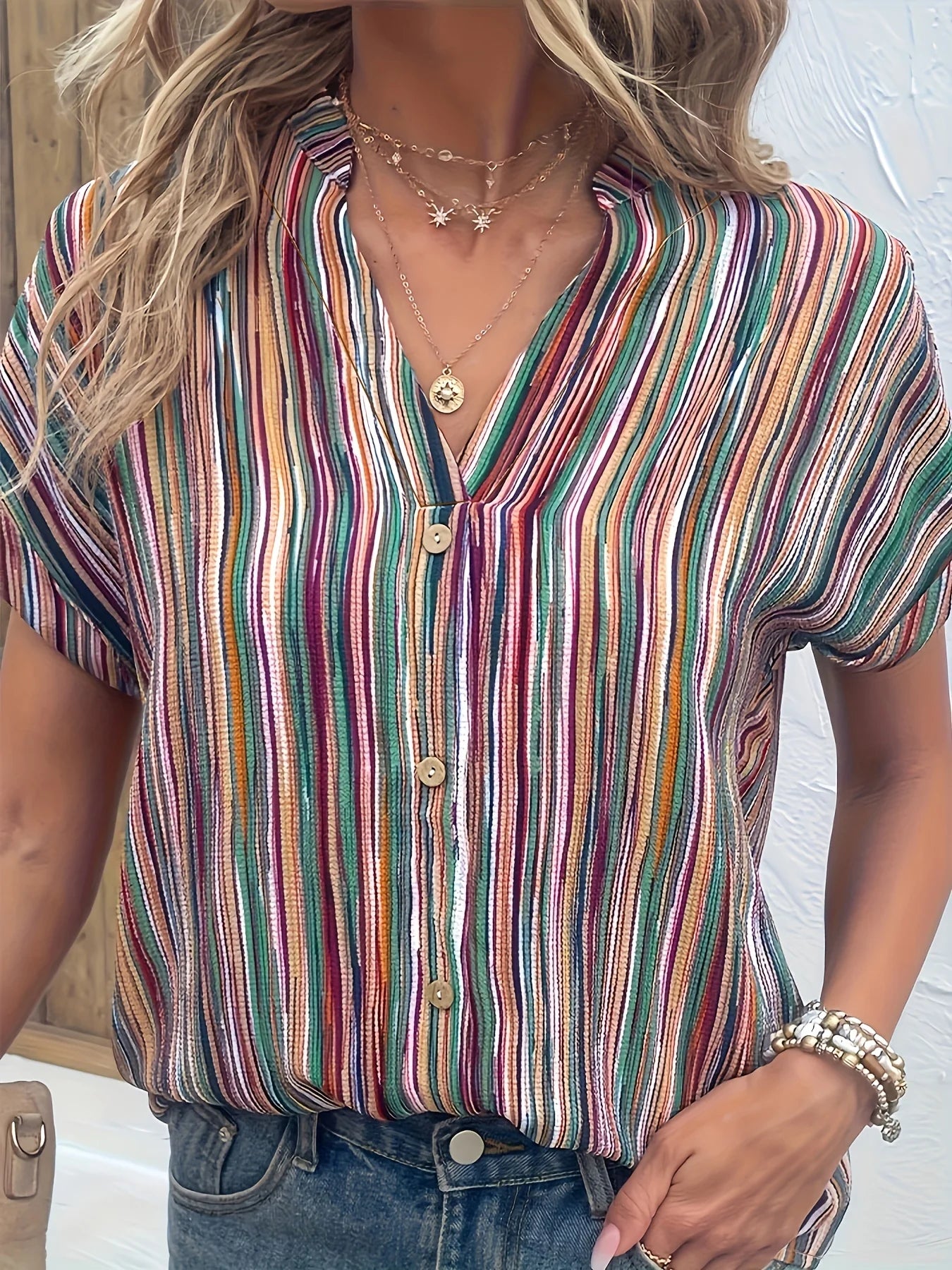 Plus Size Striped Button Detail Blouse, Casual Notched Neck Short Sleeve Blouse For Spring & Summer, Women's Plus Size Clothing