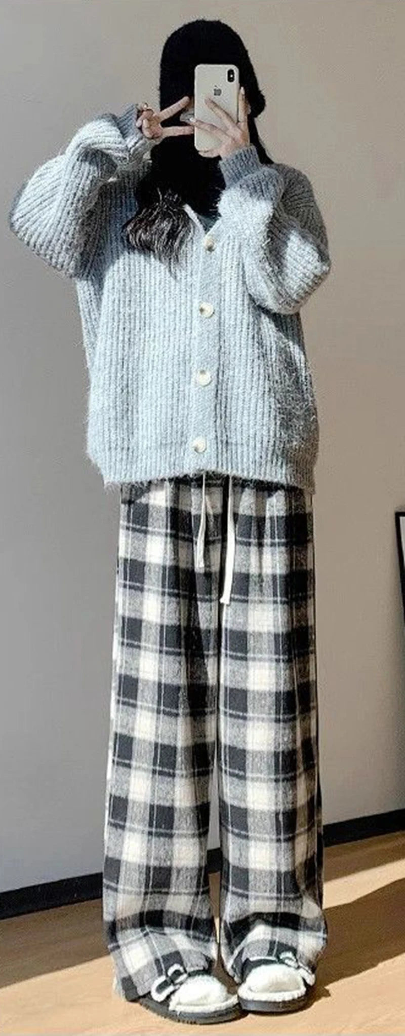 Vintage Plaid Padded Thick Pants Women Fall Winter Warm High-Waisted Casual Straight Wide-Legged Pants Hip-Hop Y2K Trousers