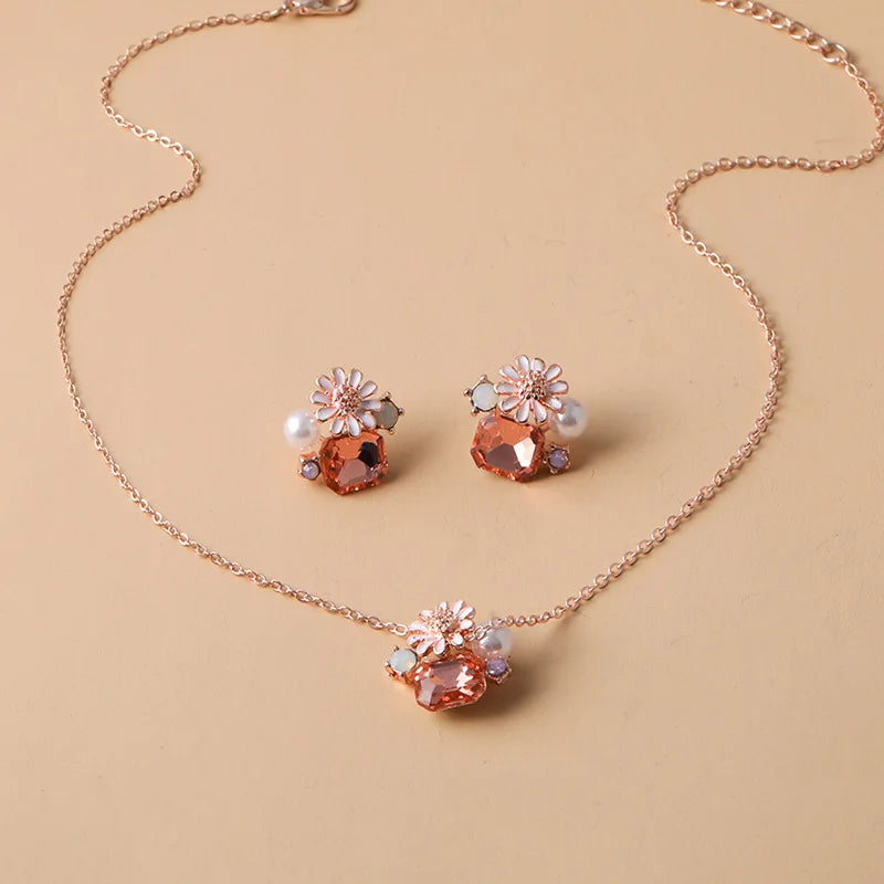 3-piece Set Luxury Crystal Rose Flower Earrings Necklace Sweet Zircon Pearl Banquet Wedding Jewelry Set for Women Accessories