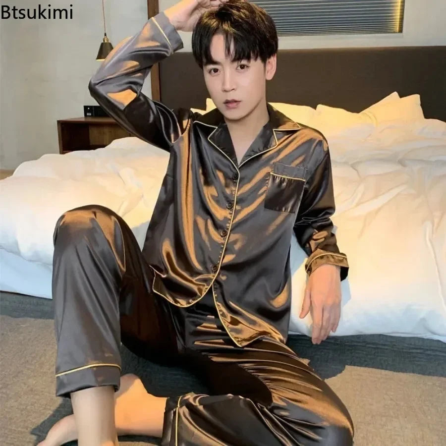 Men's Casual Pajamas Sets Oversized Silk Mens Pajama Pants Sets Satin Long Sleeve Sleepwear Home Pijama Night Wear Loungewear