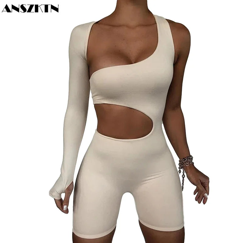 ANSZKTN Skinny Fitness Womens Playsuit 2020 Asymmetrical Solid Ladies Jumpsuits Elastic Ribbed Jumpsuits Bodycon Jumpsuit