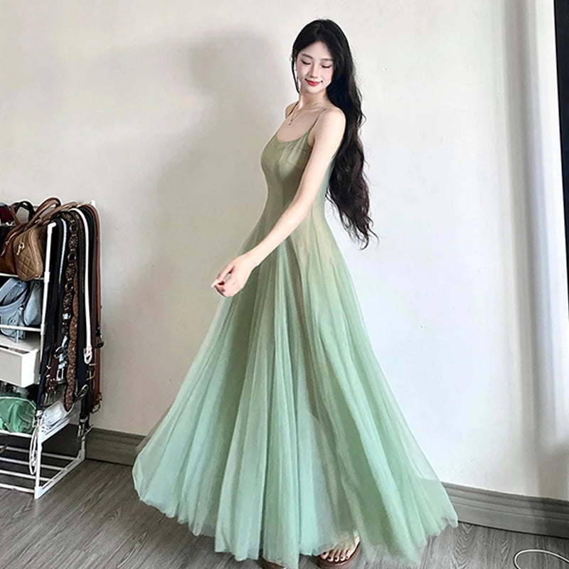 Women Mesh Spaghrtti Strap A-line Holiday Seaside Summer Princess Long Dress